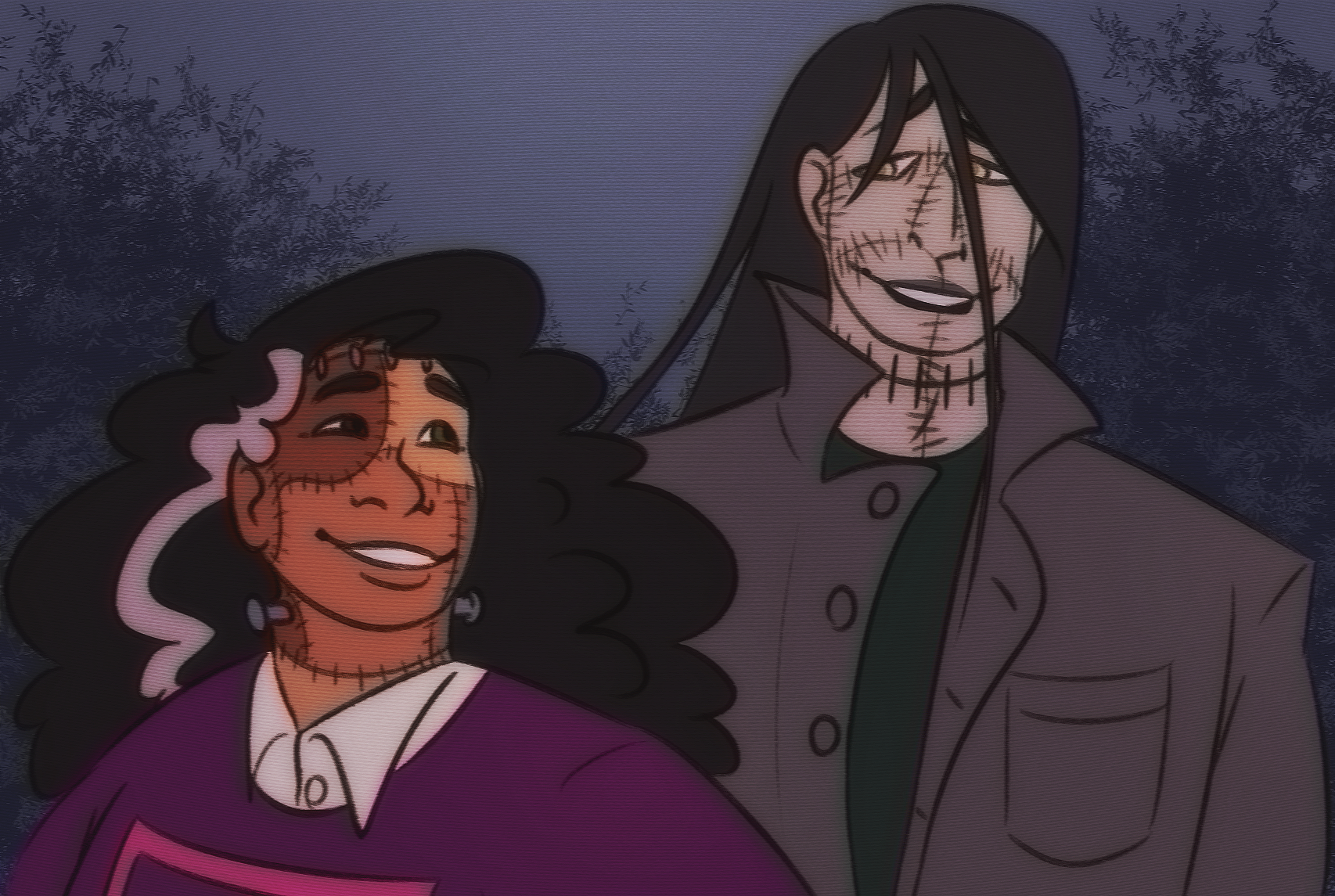 A drawing of Emmett and Steve at night, shown from the middle of the chest up. They're looking over at each other with smiles on their faces.